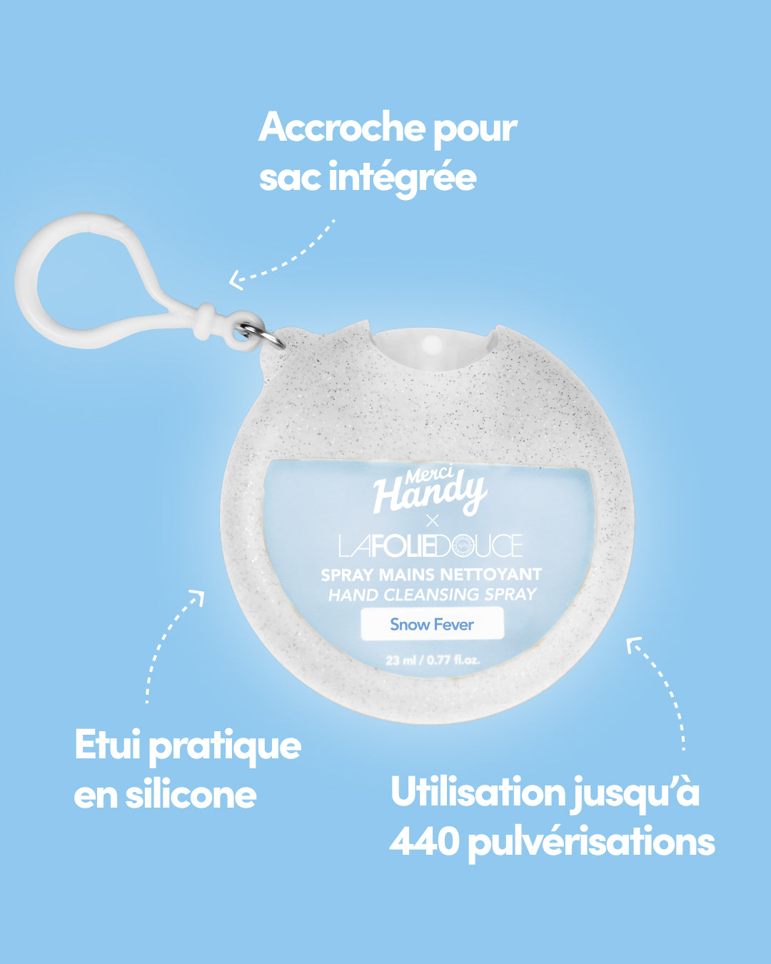 Spray Mains Nettoyant x La Folie Douce™ Merci Handy – étui en silicone avec accroche pour le sac