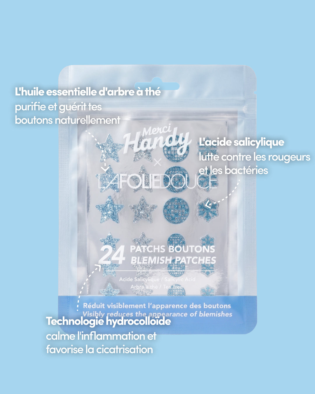 24 Patchs Boutons x La Folie Douce™ Merci Handy – actifs du patch : arbre à thé et acide salicylique