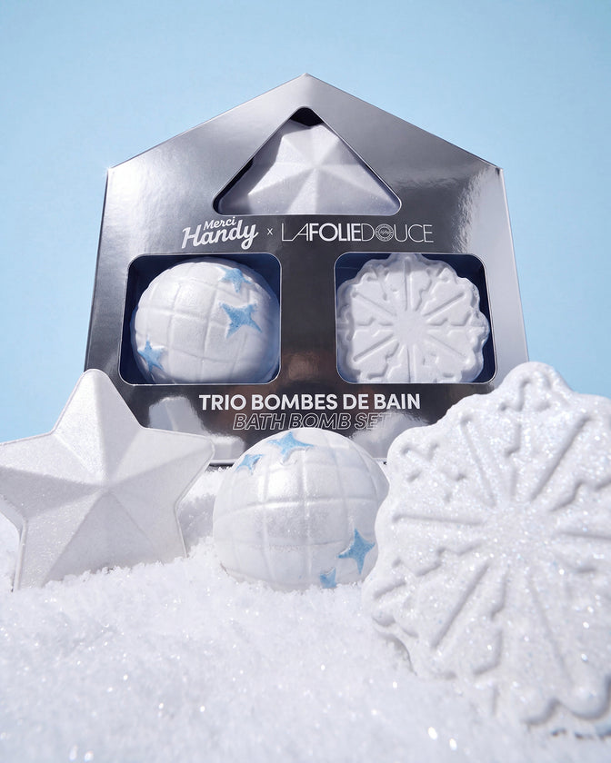Trio Bombes de Bain x La Folie Douce™ Merci Handy – coffret argenté des 3 bombes de bain sur la neige