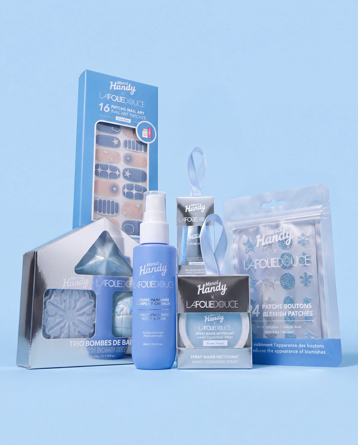 Master Pack x La Folie Douce™ Merci Handy – les 6 produits de l'édition sur fond bleu