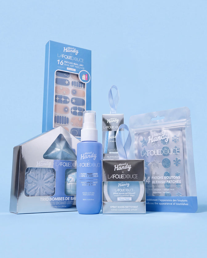 Master Pack x La Folie Douce™ Merci Handy – les 6 produits de l'édition sur fond bleu