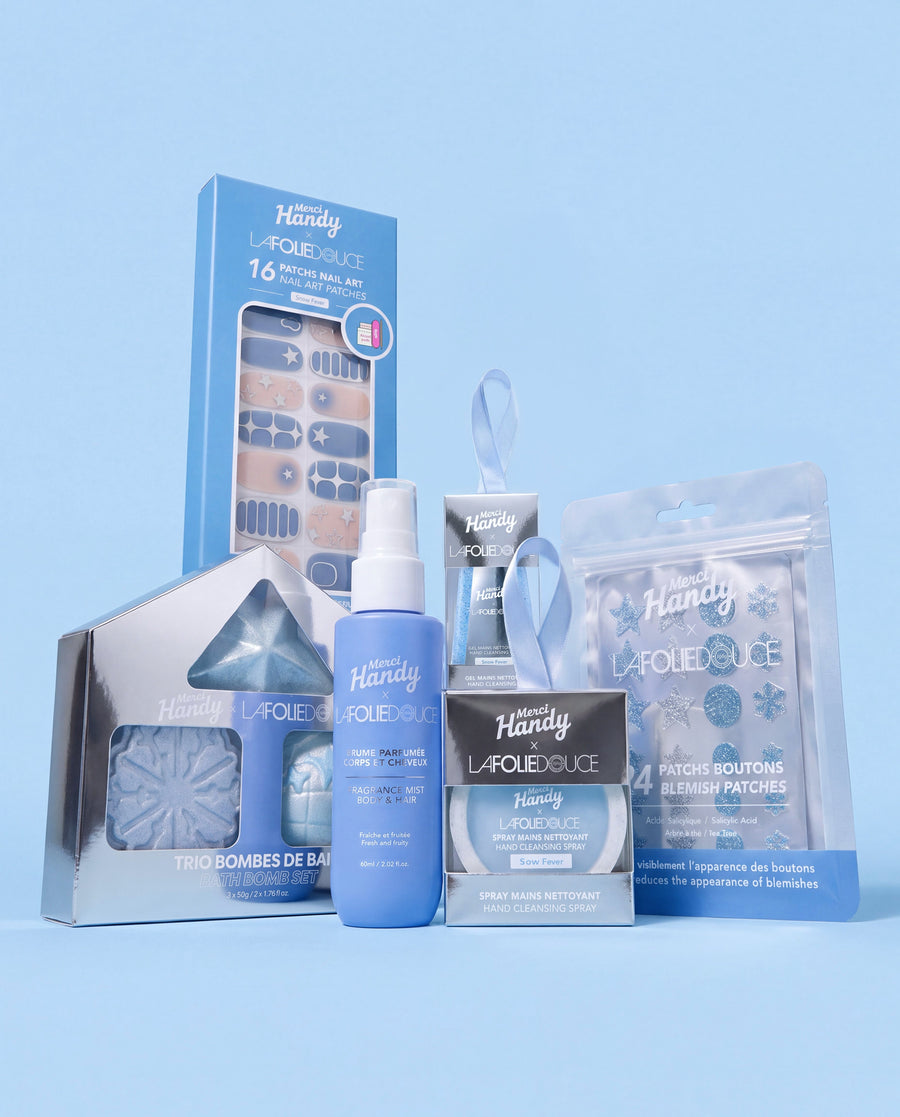 Master Pack x La Folie Douce™ Merci Handy – les 6 produits de l'édition sur fond bleu