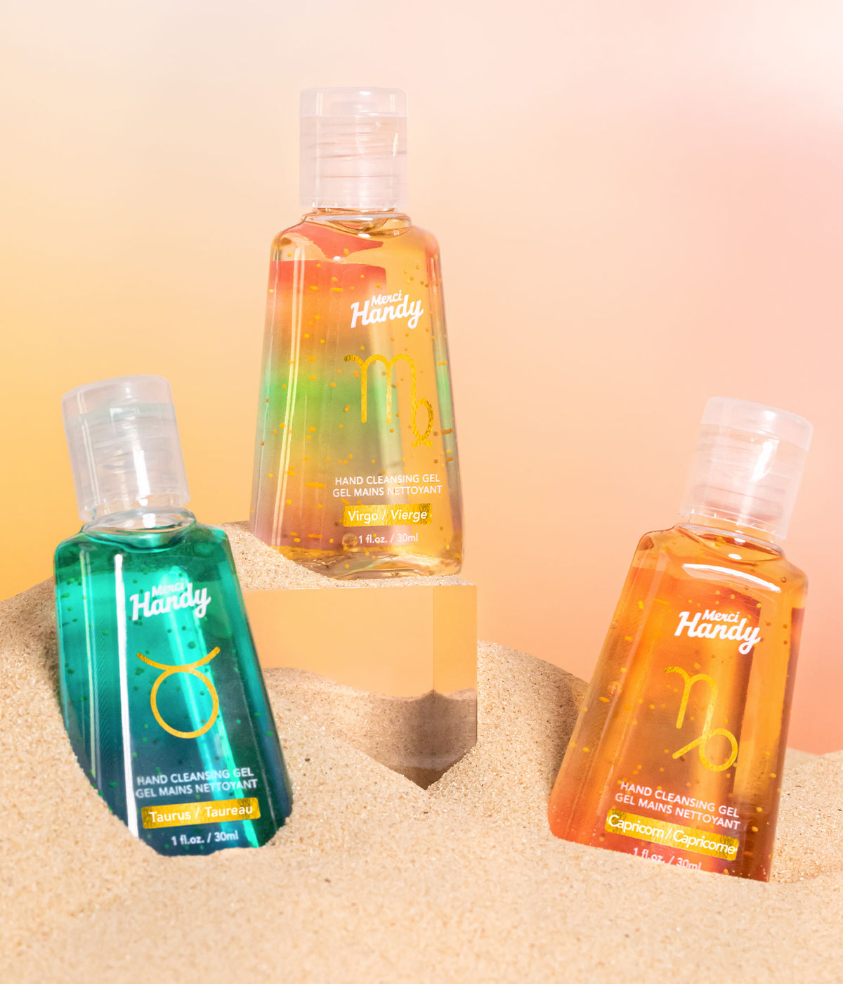 Gel Mains Nettoyant Vierge Merci Handy – gels mains des signes de terre sur fond orangé